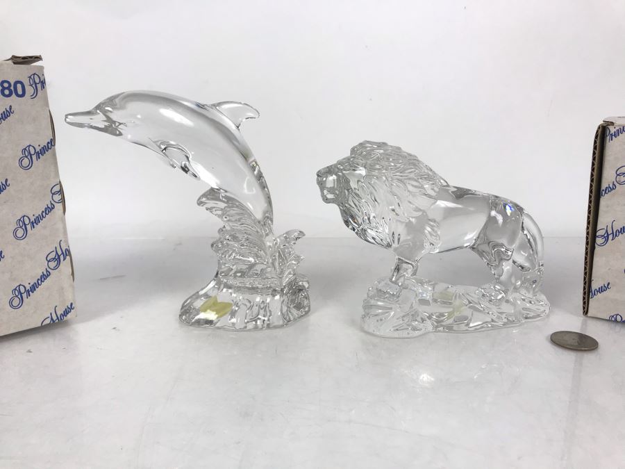 Pair Of Crystal Animal Figurines Dolphin And Lion Wonders Of The Wild Germany Princess House With Boxes [Photo 3]