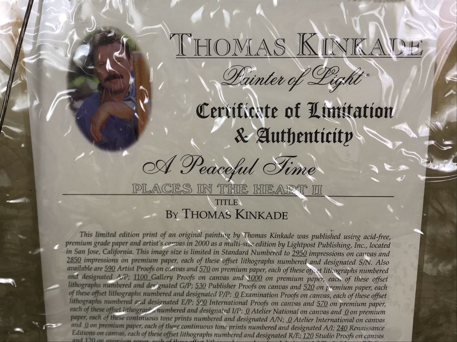 Limited Edition Thomas Kinkade Canvas Print Titled 'A Peaceful Time' Places In The Heart II With Certificate Of Authenticity 382 Of 2,950 [Photo 19]