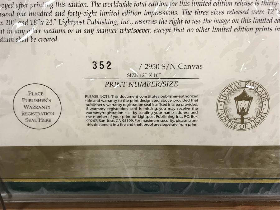 Limited Edition Thomas Kinkade Canvas Print Titled 'A Peaceful Time' Places In The Heart II With Certificate Of Authenticity 382 Of 2,950 [Photo 21]