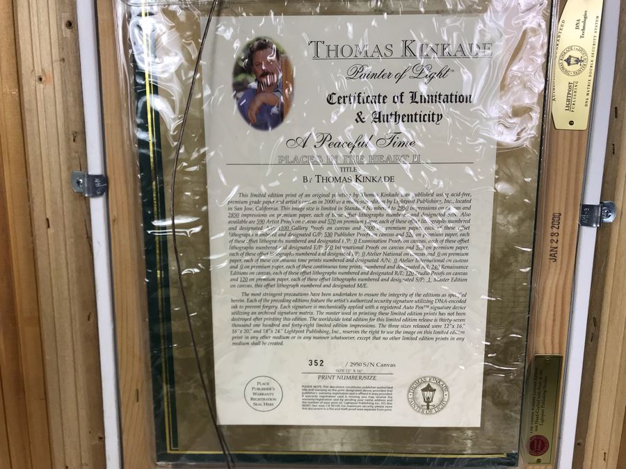 Limited Edition Thomas Kinkade Canvas Print Titled 'A Peaceful Time' Places In The Heart II With Certificate Of Authenticity 382 Of 2,950 [Photo 18]