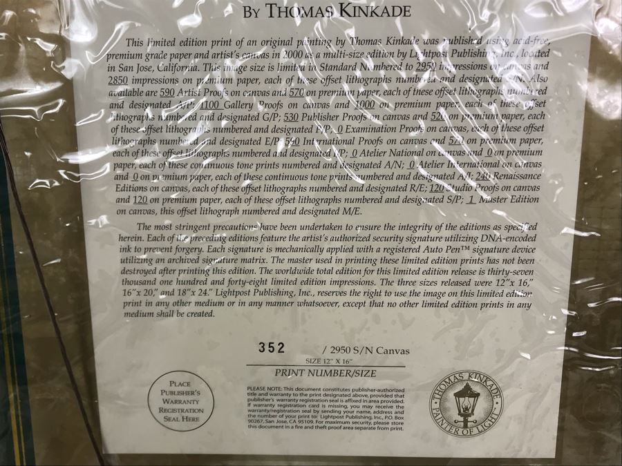 Limited Edition Thomas Kinkade Canvas Print Titled 'A Peaceful Time' Places In The Heart II With Certificate Of Authenticity 382 Of 2,950 [Photo 20]