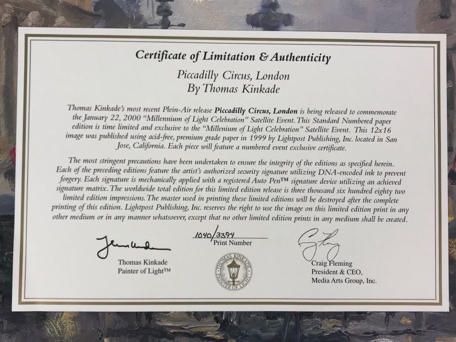 Limited Edition Vintage 1999 Print 'Piccadilly Circus, London' By Thomas Kinkade 12 X 16 1040 Of 3394 [Photo 13]