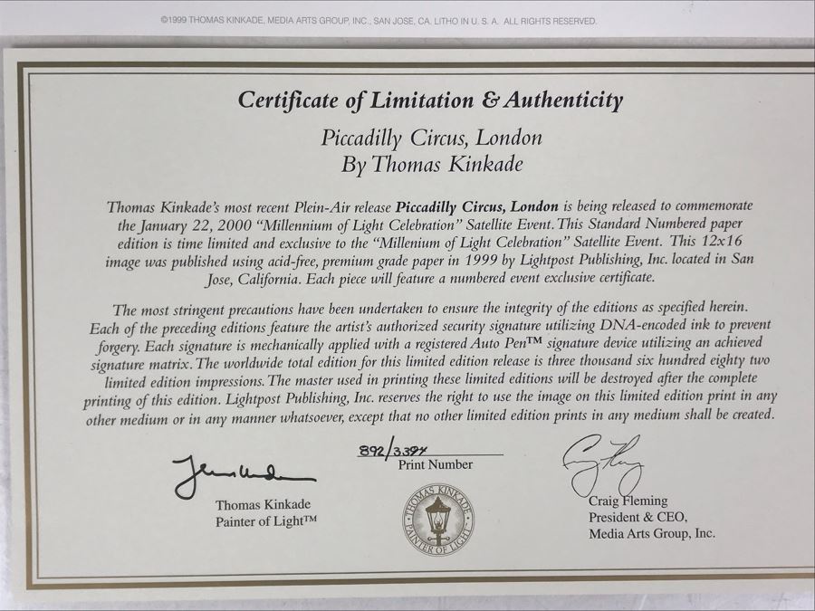 Limited Edition Vintage 1999 Print 'Piccadilly Circus, London' By Thomas Kinkade 12 X 16 892 Of 3394 [Photo 6]