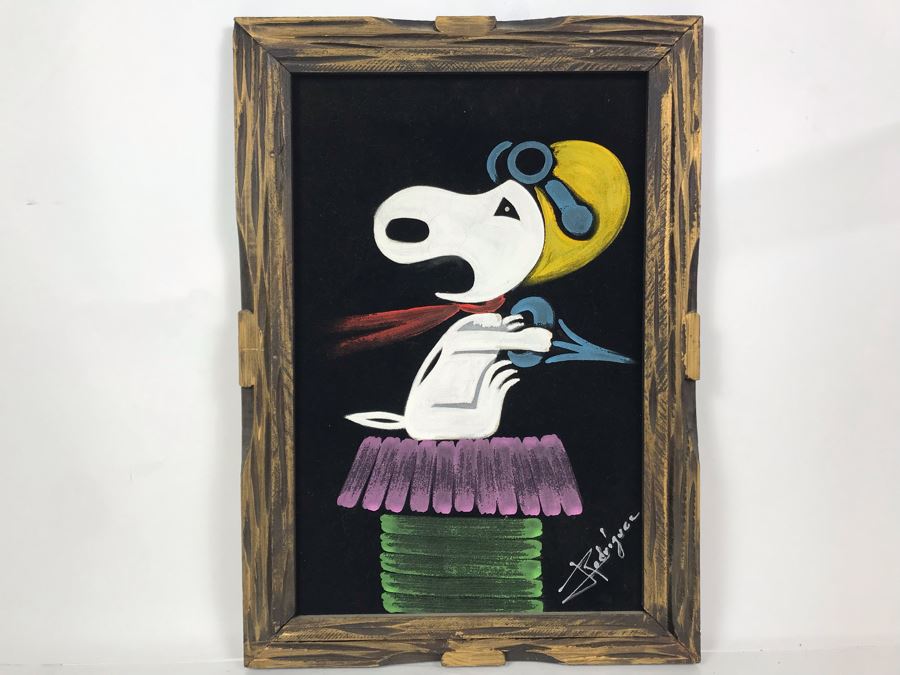 Vintage Snoopy Velvet Painting Signed Rodriguez 14.5W X 21H