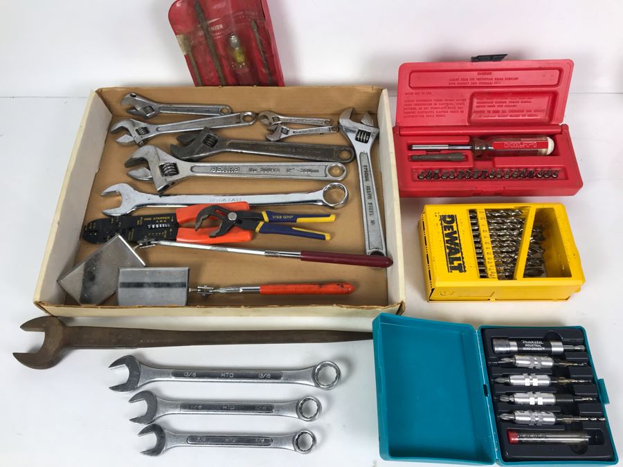 Various Tools Lot Including Hilti Screwdriver Set, Dewalt Drills, Makita Industrial Drivers, Various Adjustable Monkey Wrenches, Vintage Williams Spud Wrench - See Photos