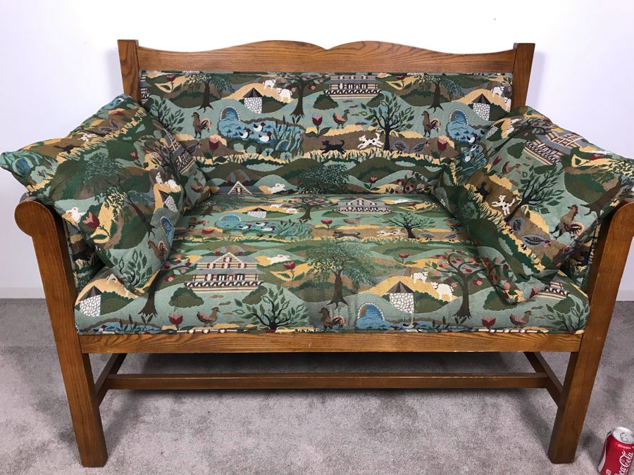 Wooden Loveseat Settee With Farm Country Upholstery 49W X 26D X 37H [Photo 3]