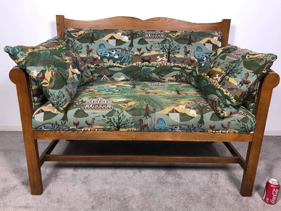 Wooden Loveseat Settee With Farm Country Upholstery 49W X 26D X 37H [Photo 2]