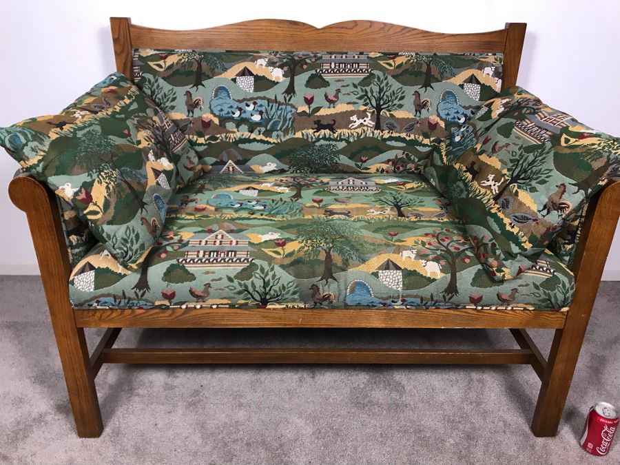 Wooden Loveseat Settee With Farm Country Upholstery 49W X 26D X 37H [Photo 4]