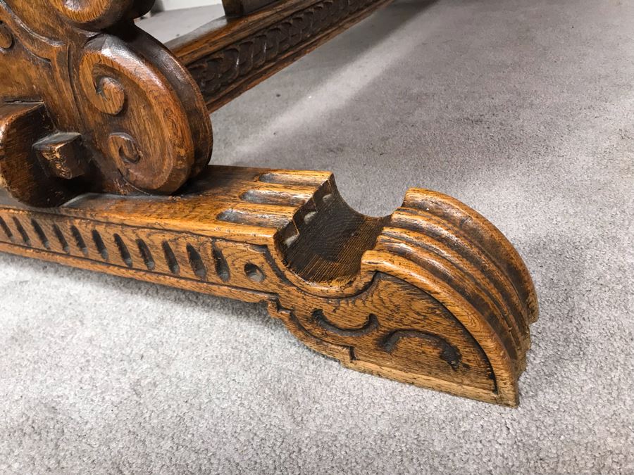 Impressive Antique Carved Oak Dining Table Library Table Solid Heavy - Table Top Lifts Off (Doweled) - Must See In Person - See Photos 84W X 36D X 29.5H [Photo 18]