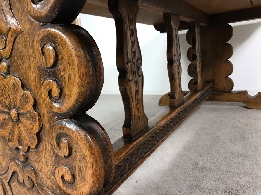 Impressive Antique Carved Oak Dining Table Library Table Solid Heavy - Table Top Lifts Off (Doweled) - Must See In Person - See Photos 84W X 36D X 29.5H [Photo 19]