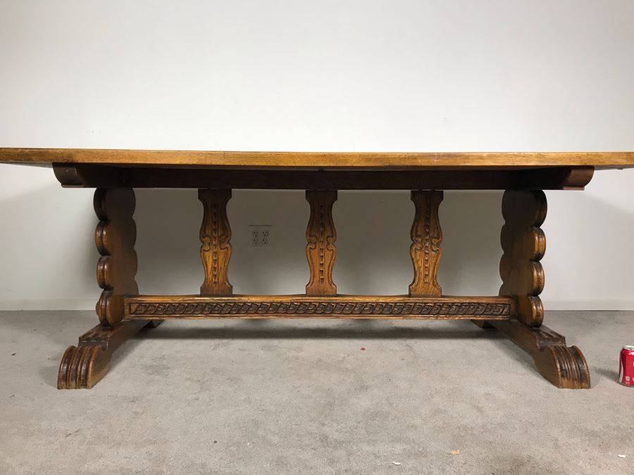 Impressive Antique Carved Oak Dining Table Library Table Solid Heavy - Table Top Lifts Off (Doweled) - Must See In Person - See Photos 84W X 36D X 29.5H [Photo 5]