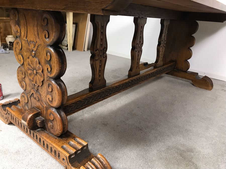 Impressive Antique Carved Oak Dining Table Library Table Solid Heavy - Table Top Lifts Off (Doweled) - Must See In Person - See Photos 84W X 36D X 29.5H [Photo 13]