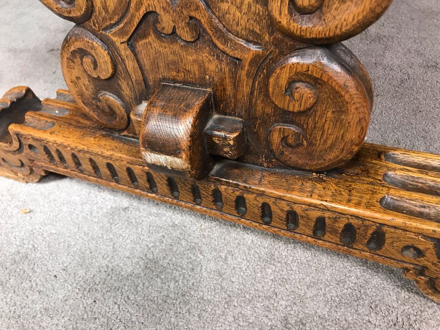 Impressive Antique Carved Oak Dining Table Library Table Solid Heavy - Table Top Lifts Off (Doweled) - Must See In Person - See Photos 84W X 36D X 29.5H [Photo 17]