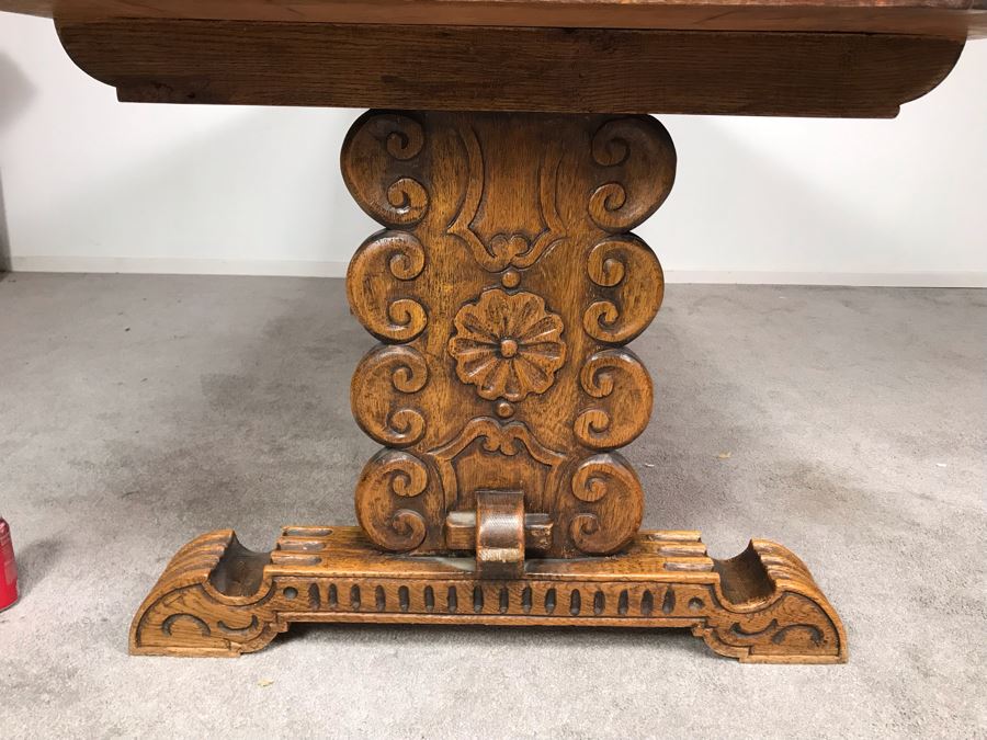 Impressive Antique Carved Oak Dining Table Library Table Solid Heavy - Table Top Lifts Off (Doweled) - Must See In Person - See Photos 84W X 36D X 29.5H [Photo 12]