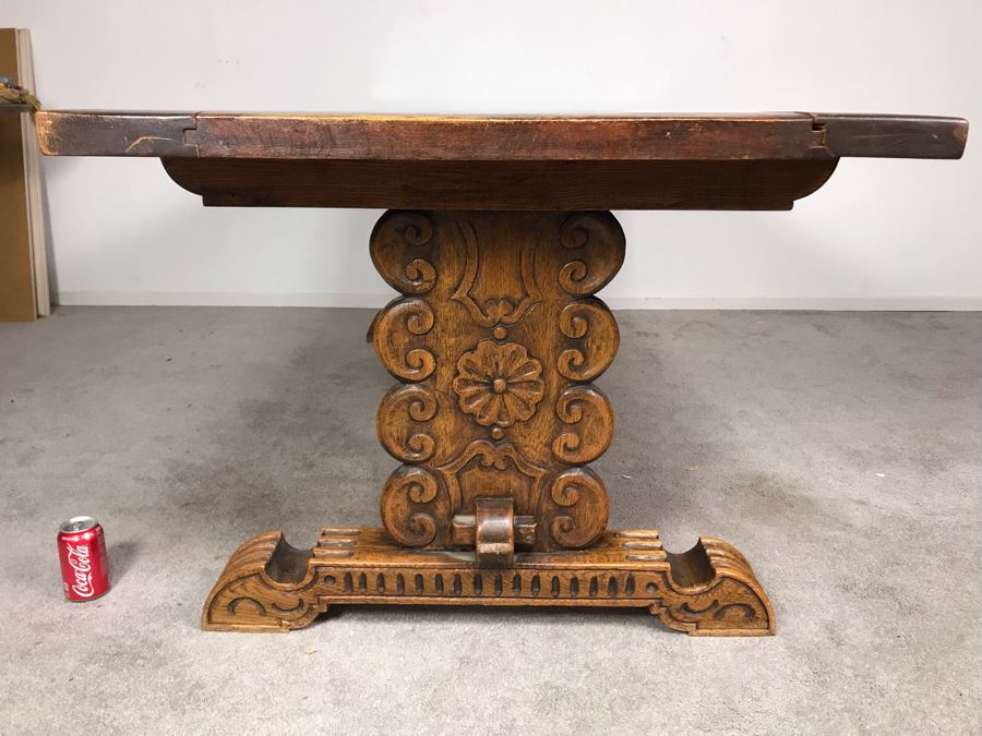 Impressive Antique Carved Oak Dining Table Library Table Solid Heavy - Table Top Lifts Off (Doweled) - Must See In Person - See Photos 84W X 36D X 29.5H [Photo 11]