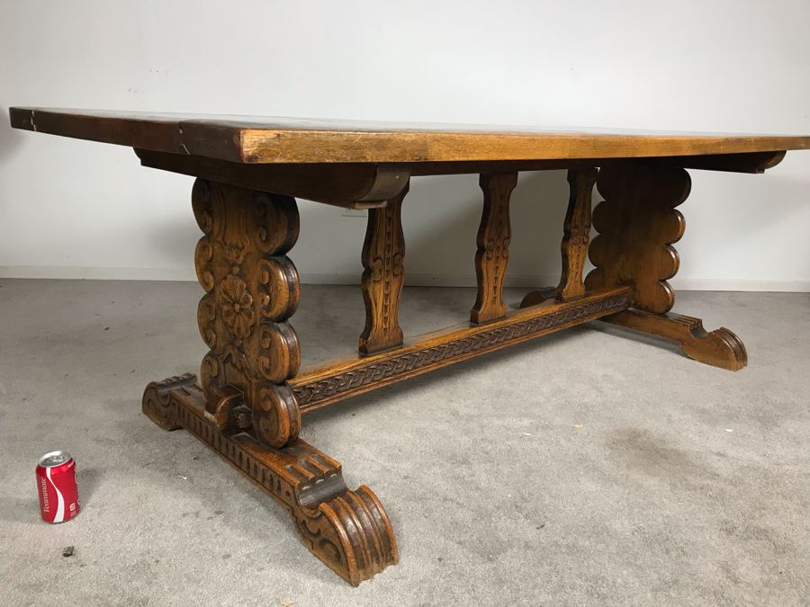 Impressive Antique Carved Oak Dining Table Library Table Solid Heavy - Table Top Lifts Off (Doweled) - Must See In Person - See Photos 84W X 36D X 29.5H [Photo 9]