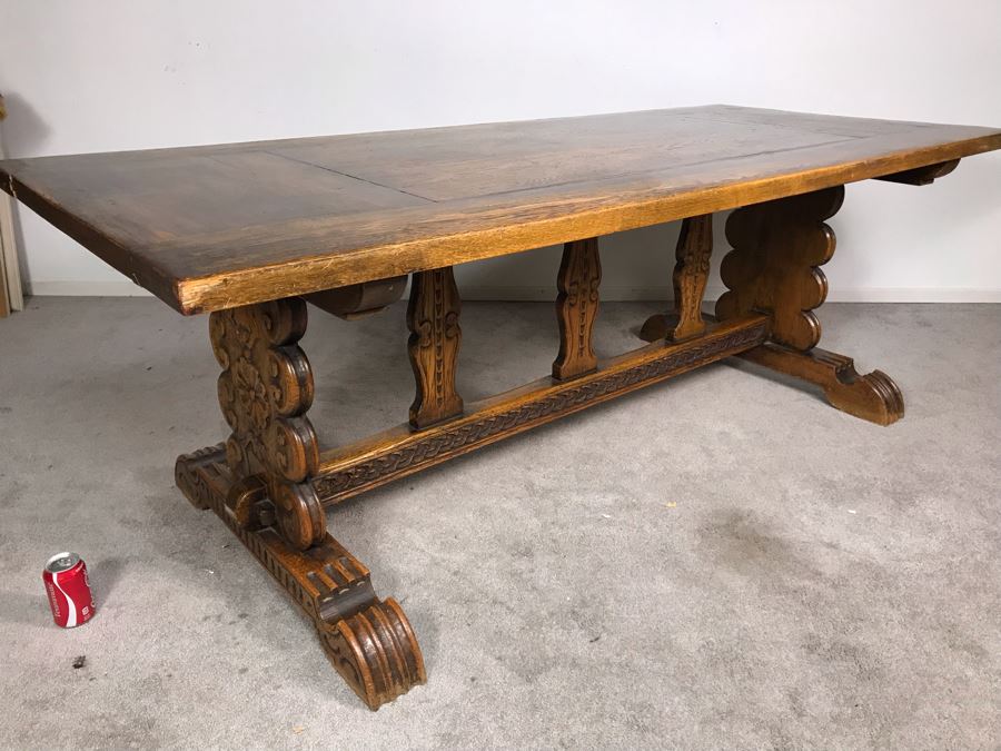 Impressive Antique Carved Oak Dining Table Library Table Solid Heavy - Table Top Lifts Off (Doweled) - Must See In Person - See Photos 84W X 36D X 29.5H