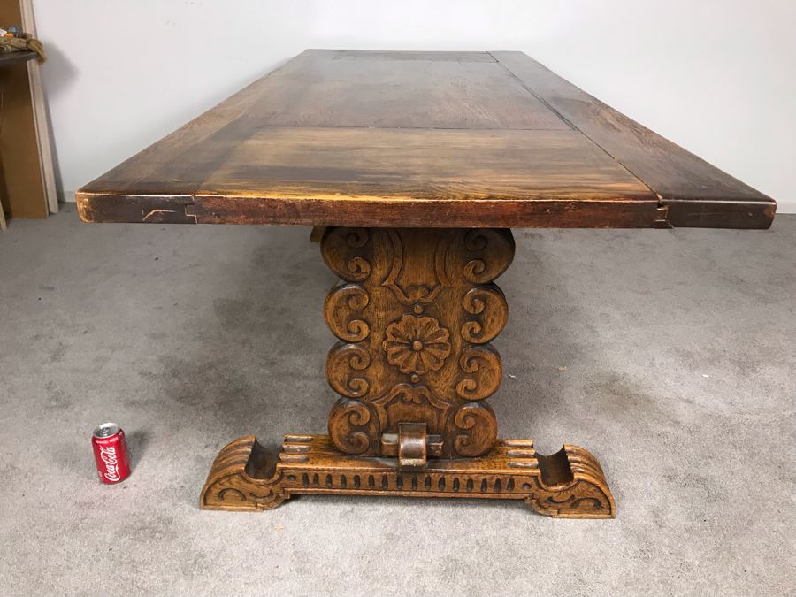 Impressive Antique Carved Oak Dining Table Library Table Solid Heavy - Table Top Lifts Off (Doweled) - Must See In Person - See Photos 84W X 36D X 29.5H [Photo 10]