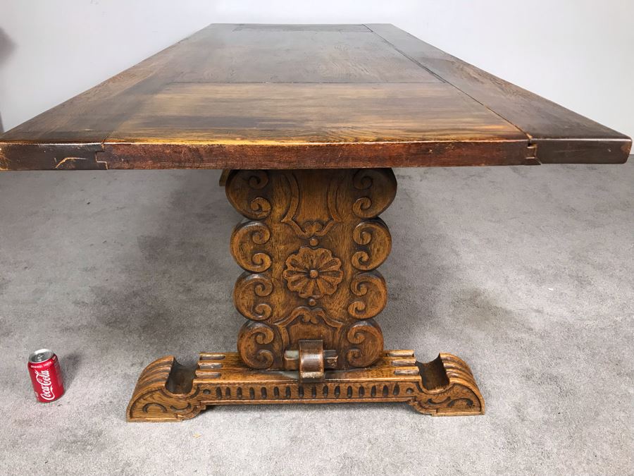 Impressive Antique Carved Oak Dining Table Library Table Solid Heavy - Table Top Lifts Off (Doweled) - Must See In Person - See Photos 84W X 36D X 29.5H [Photo 16]