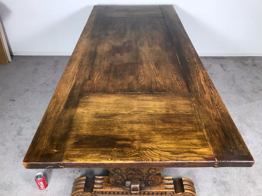 Impressive Antique Carved Oak Dining Table Library Table Solid Heavy - Table Top Lifts Off (Doweled) - Must See In Person - See Photos 84W X 36D X 29.5H [Photo 15]