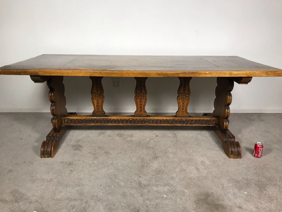 Impressive Antique Carved Oak Dining Table Library Table Solid Heavy - Table Top Lifts Off (Doweled) - Must See In Person - See Photos 84W X 36D X 29.5H [Photo 3]