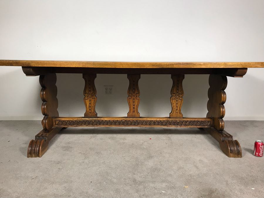 Impressive Antique Carved Oak Dining Table Library Table Solid Heavy - Table Top Lifts Off (Doweled) - Must See In Person - See Photos 84W X 36D X 29.5H [Photo 4]