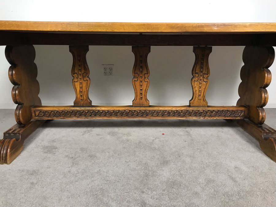 Impressive Antique Carved Oak Dining Table Library Table Solid Heavy - Table Top Lifts Off (Doweled) - Must See In Person - See Photos 84W X 36D X 29.5H [Photo 6]