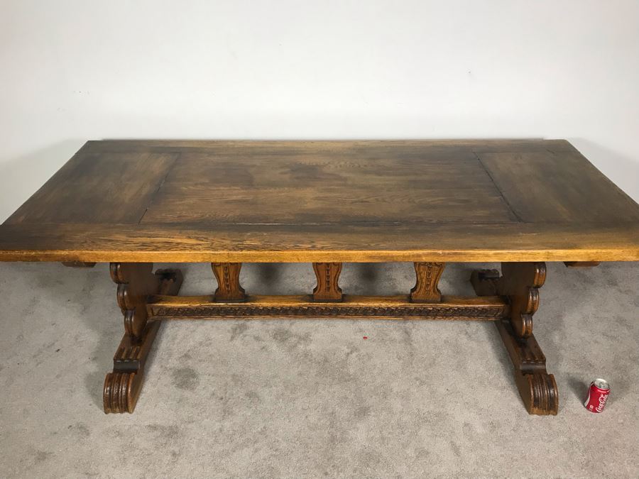Impressive Antique Carved Oak Dining Table Library Table Solid Heavy - Table Top Lifts Off (Doweled) - Must See In Person - See Photos 84W X 36D X 29.5H [Photo 7]