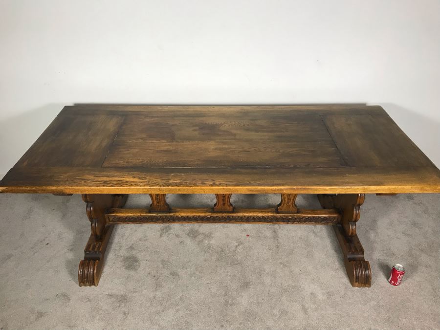 Impressive Antique Carved Oak Dining Table Library Table Solid Heavy - Table Top Lifts Off (Doweled) - Must See In Person - See Photos 84W X 36D X 29.5H [Photo 8]
