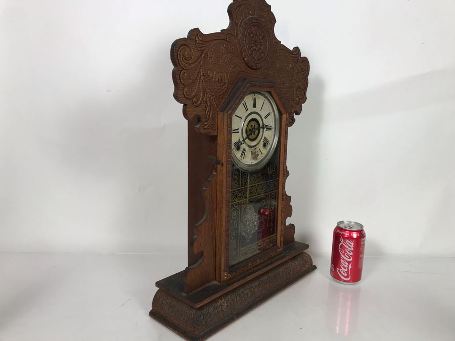 Antique Thalia E. Ingraham Co Gingerbread Mantle Clock Case Signed Armstrong May 1, 1900 Working With Key 14.75W X 4.75D X 22.5H [Photo 14]