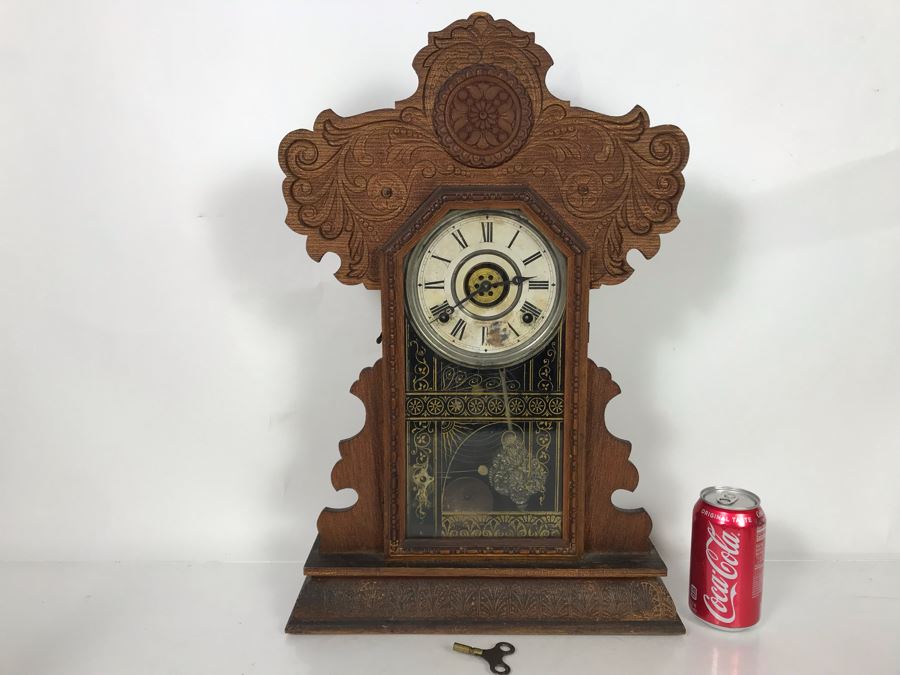 Antique Thalia E. Ingraham Co Gingerbread Mantle Clock Case Signed Armstrong May 1, 1900 Working With Key 14.75W X 4.75D X 22.5H [Photo 2]