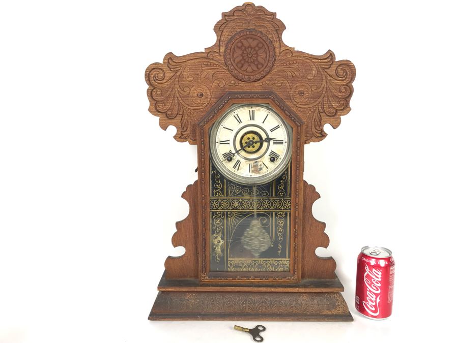 Antique Thalia E. Ingraham Co Gingerbread Mantle Clock Case Signed Armstrong May 1, 1900 Working With Key 14.75W X 4.75D X 22.5H [Photo 3]