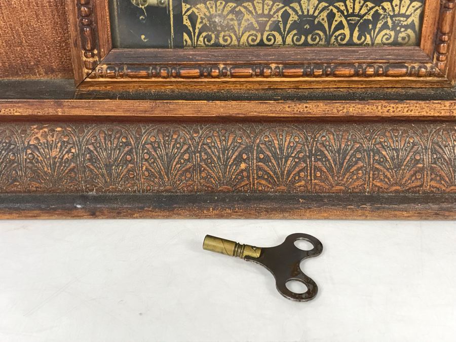 Antique Thalia E. Ingraham Co Gingerbread Mantle Clock Case Signed Armstrong May 1, 1900 Working With Key 14.75W X 4.75D X 22.5H [Photo 6]