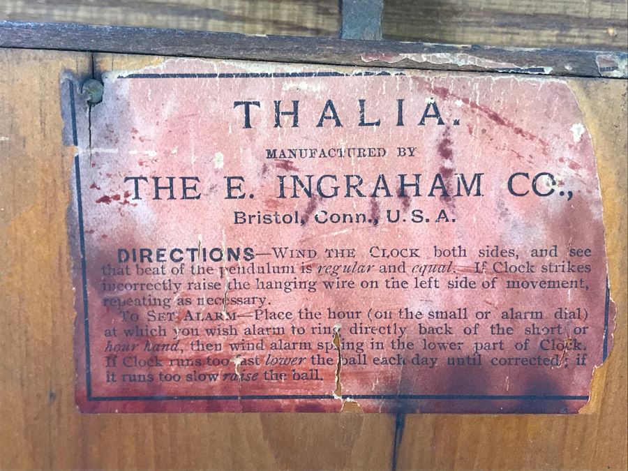 Antique Thalia E. Ingraham Co Gingerbread Mantle Clock Case Signed Armstrong May 1, 1900 Working With Key 14.75W X 4.75D X 22.5H [Photo 16]