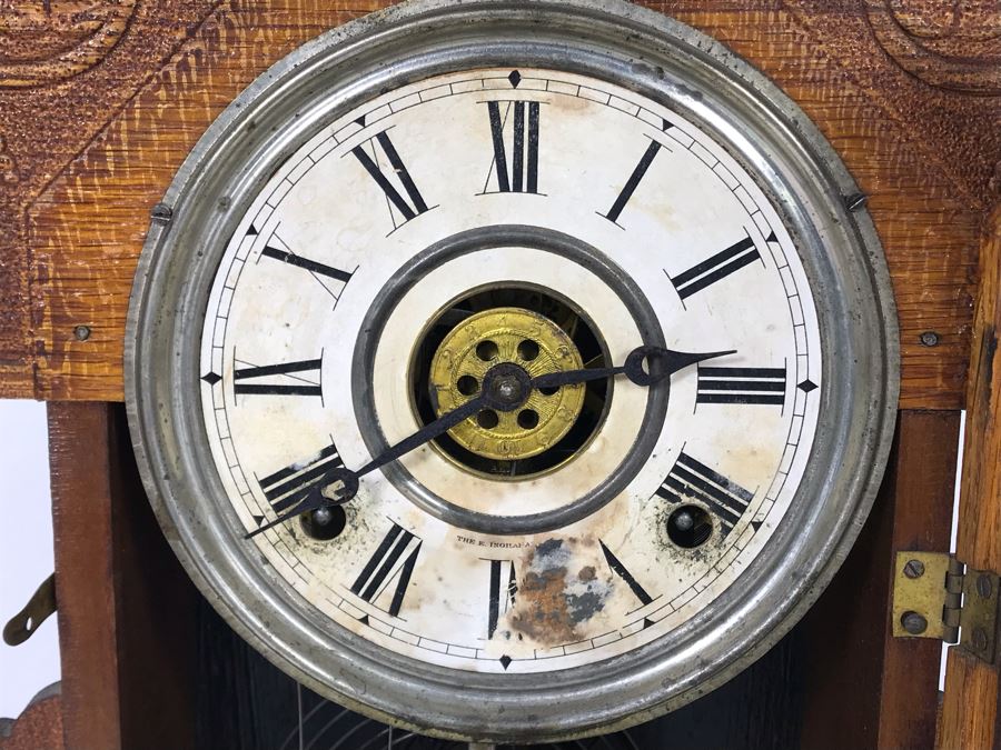 Antique Thalia E. Ingraham Co Gingerbread Mantle Clock Case Signed Armstrong May 1, 1900 Working With Key 14.75W X 4.75D X 22.5H [Photo 8]