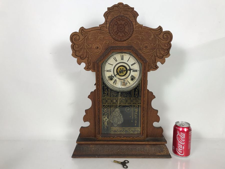 Antique Thalia E. Ingraham Co Gingerbread Mantle Clock Case Signed Armstrong May 1, 1900 Working With Key 14.75W X 4.75D X 22.5H