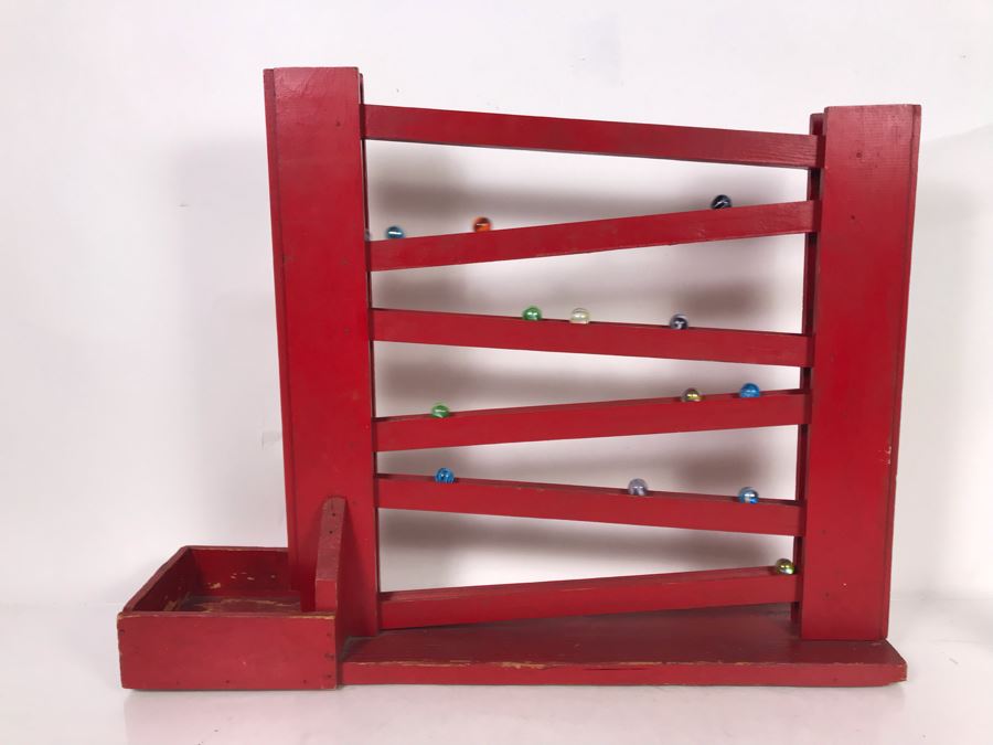 Handmade Wooden Kinetic Marble Zig-Zag Slide With Collection Of Old Colorful Marbles - See Photos For Marbles 24.5W X 5.5D X 19H [Photo 8]