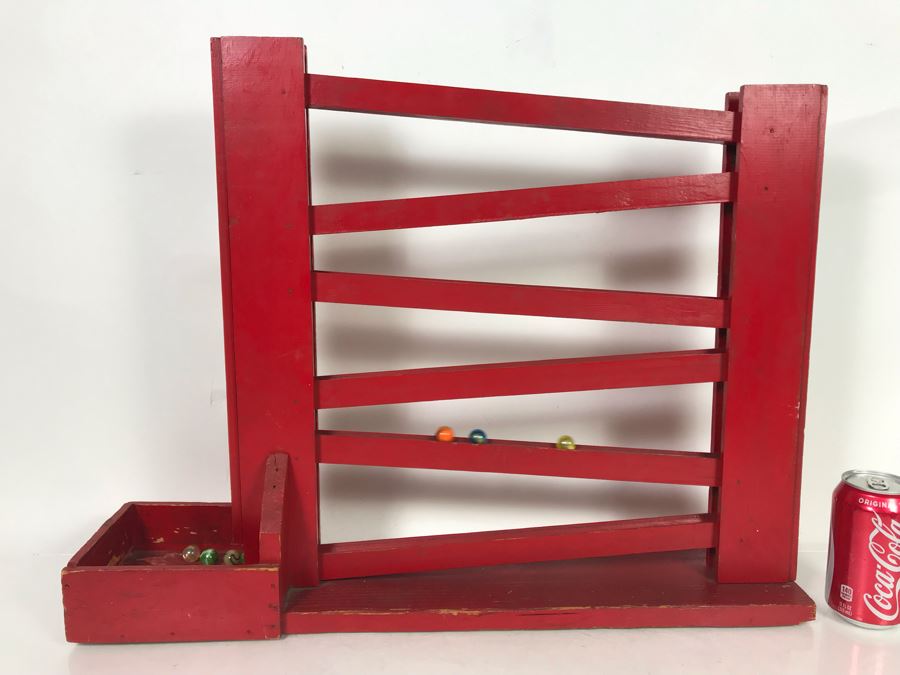 Handmade Wooden Kinetic Marble Zig-Zag Slide With Collection Of Old Colorful Marbles - See Photos For Marbles 24.5W X 5.5D X 19H [Photo 14]