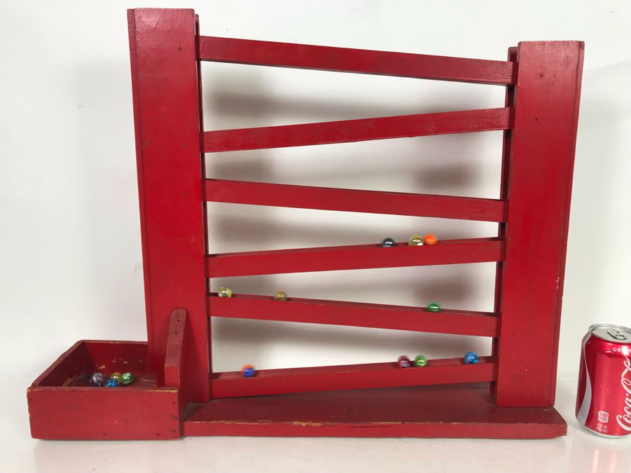 Handmade Wooden Kinetic Marble Zig-Zag Slide With Collection Of Old Colorful Marbles - See Photos For Marbles 24.5W X 5.5D X 19H [Photo 9]