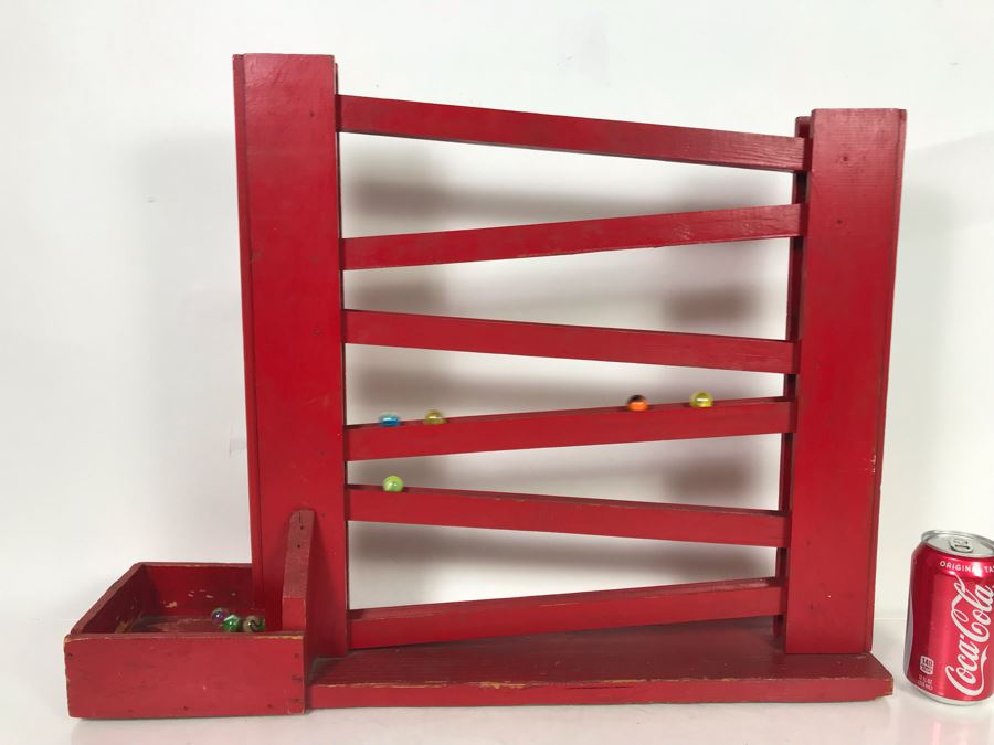 Handmade Wooden Kinetic Marble Zig-Zag Slide With Collection Of Old Colorful Marbles - See Photos For Marbles 24.5W X 5.5D X 19H [Photo 13]