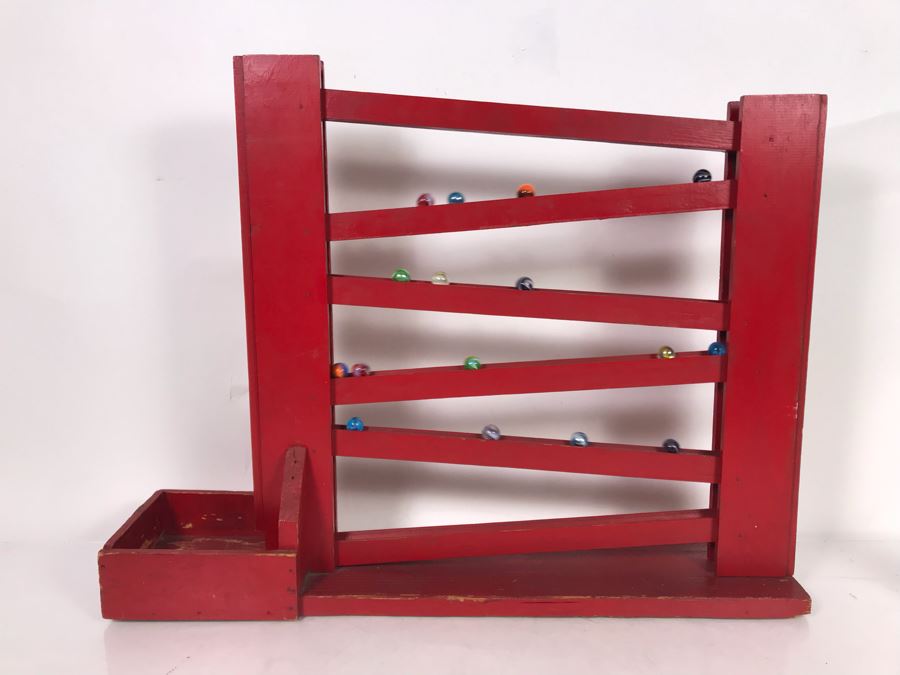Handmade Wooden Kinetic Marble Zig-Zag Slide With Collection Of Old Colorful Marbles - See Photos For Marbles 24.5W X 5.5D X 19H [Photo 2]