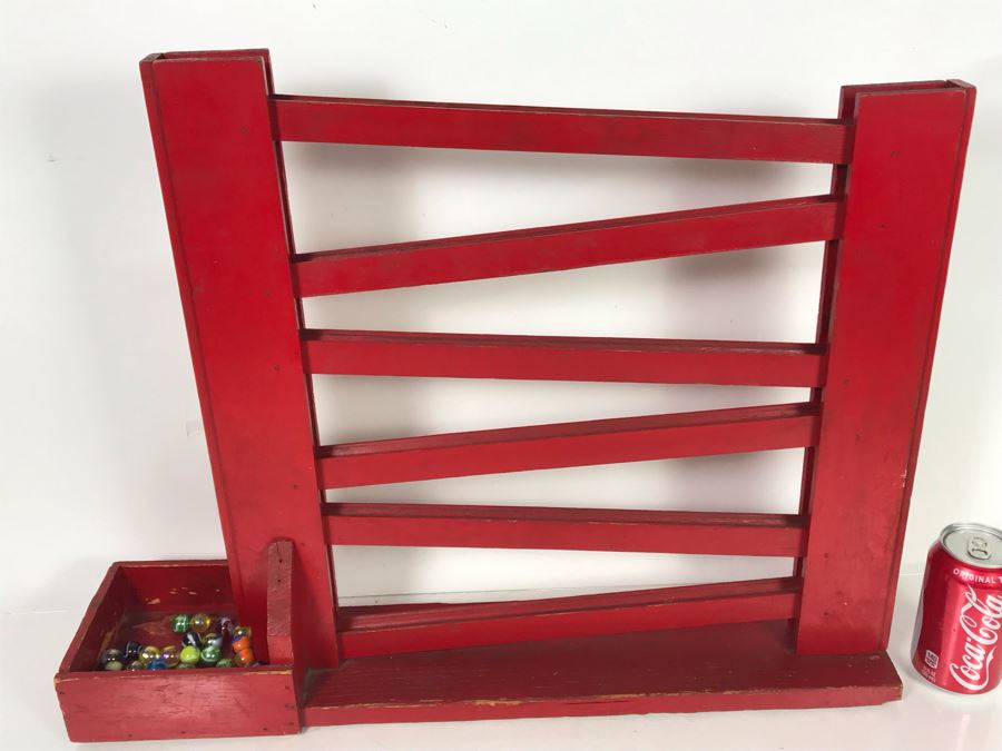 Handmade Wooden Kinetic Marble Zig-Zag Slide With Collection Of Old Colorful Marbles - See Photos For Marbles 24.5W X 5.5D X 19H [Photo 16]