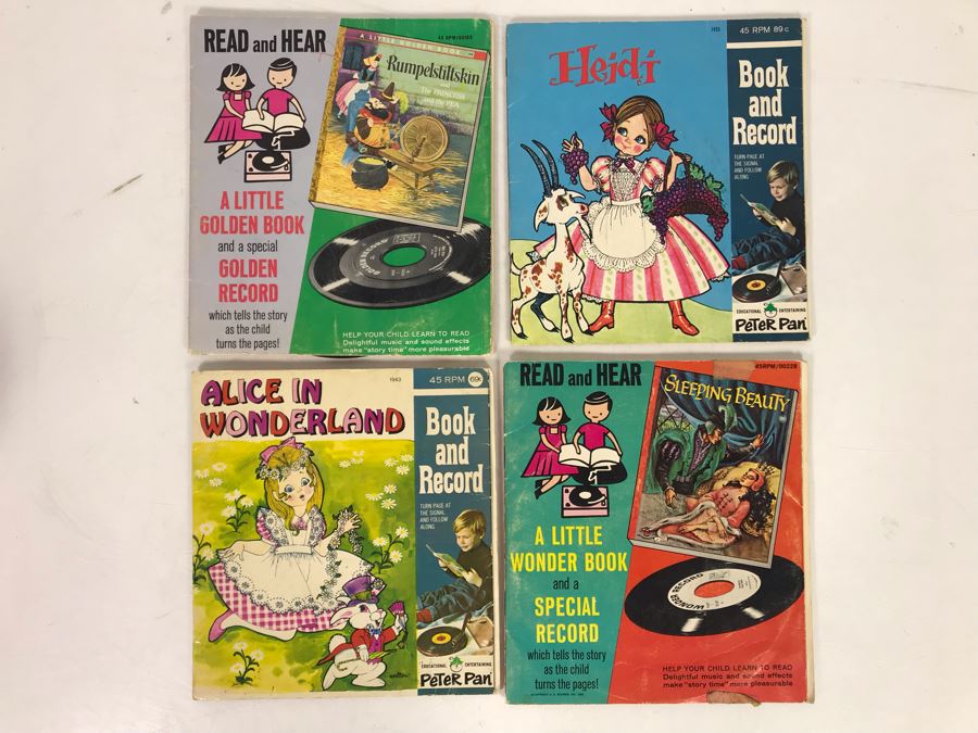 (4) 45s Children's Little Golden Book Records: Alice In Wonderland, Rumpelstiltskin, Heidi And Sleeping Beauty