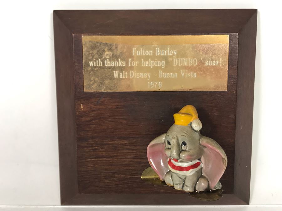 One Of A Kind Vintage 1976 Walt Disney - Buena Vista Fulton Burley Relief Wall Plaque For Helping Promote The Movie 'DUMBO' With DUMBO Figurine 6 X 6