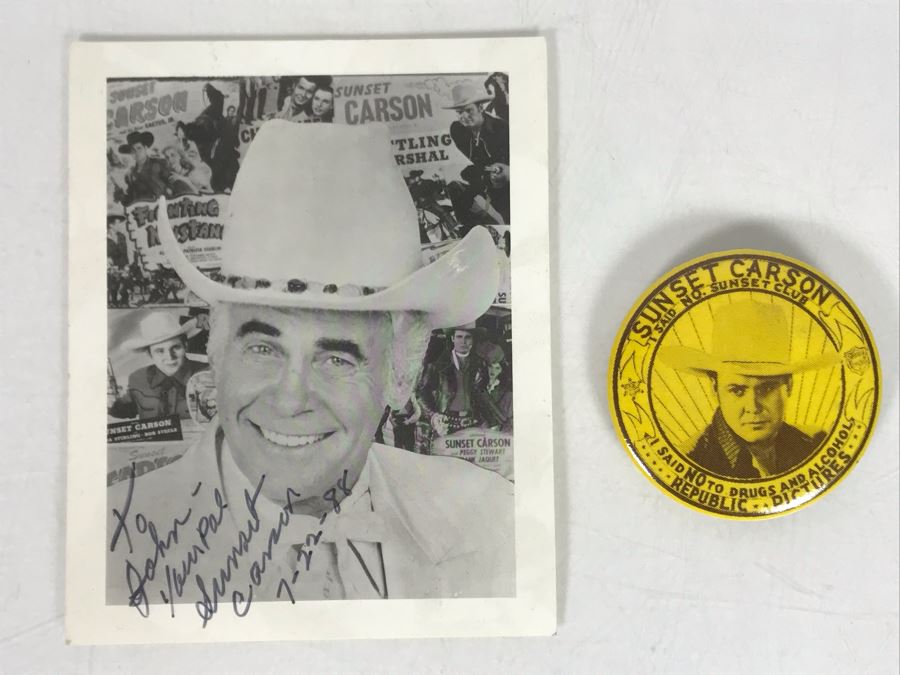 Signed Sunset Carson Photograph And Vintage Sunset Carson I Said No To Drugs And Alcohol Republic Pictures Button [Photo 1]