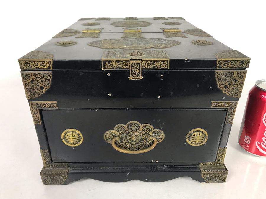Vintage Asian Lacquer Wooden Jewelry Box With Pop-Up Mirror 11W X 14.5D X 7.5H