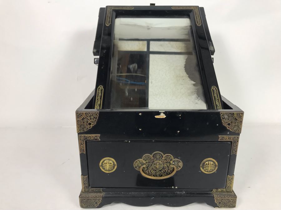 Vintage Asian Lacquer Wooden Jewelry Box With Pop-Up Mirror 11W X 14.5D X 7.5H [Photo 2]