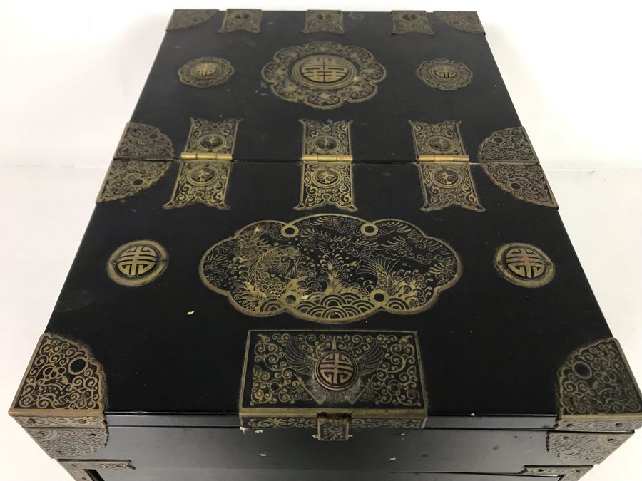Vintage Asian Lacquer Wooden Jewelry Box With Pop-Up Mirror 11W X 14.5D X 7.5H [Photo 5]