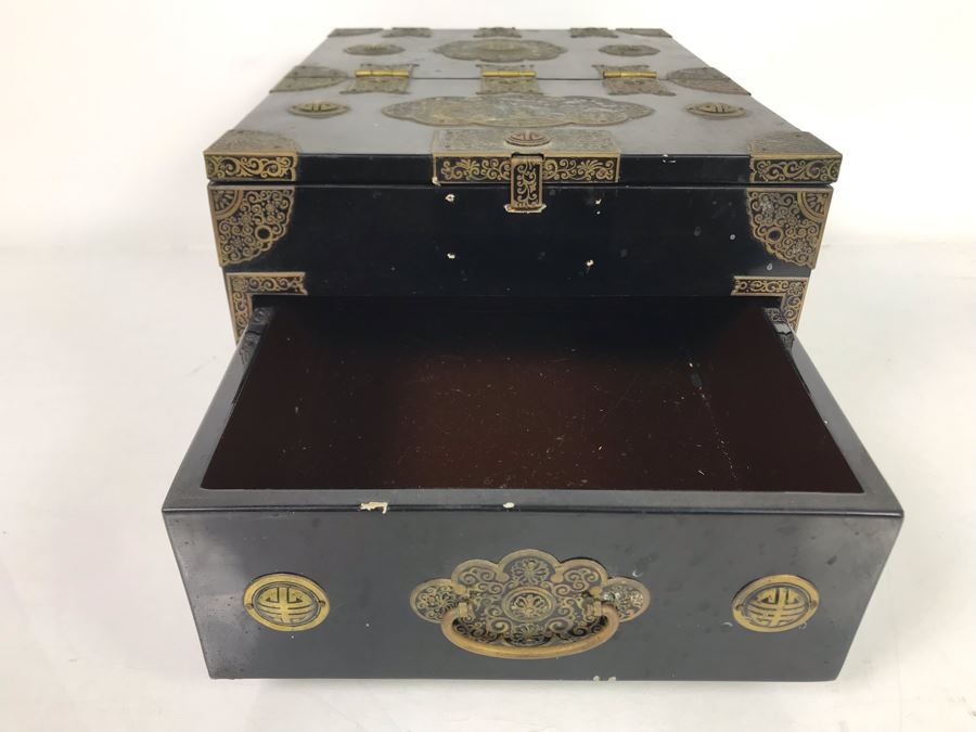 Vintage Asian Lacquer Wooden Jewelry Box With Pop-Up Mirror 11W X 14.5D X 7.5H [Photo 9]