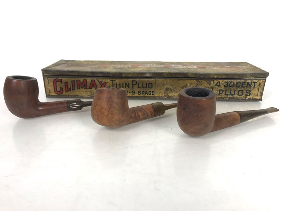(3) Vintage Hand Carved Wooden Smoking Pipes And Vintage Climax Tin [Photo 2]